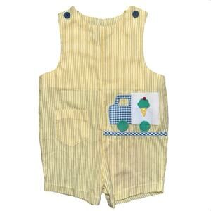 Vintage baby Robert Jackson Yellow Seersucker Shortall Icecream truck appliqué